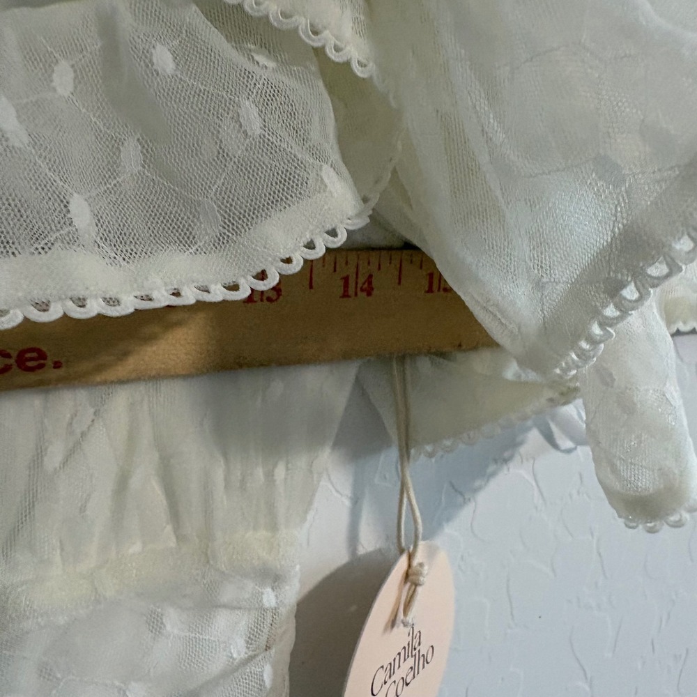 Camila Coelho Eva White Ruched Mini Dress Ruffle‎ Sleeve  Mesh Small NEW - Picture 6 of 8